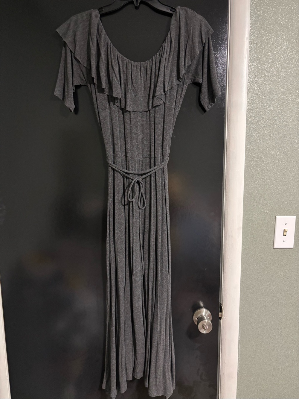Gabby Skye Charcoal Gray Ruffle Maxi Dress with Waist Tie